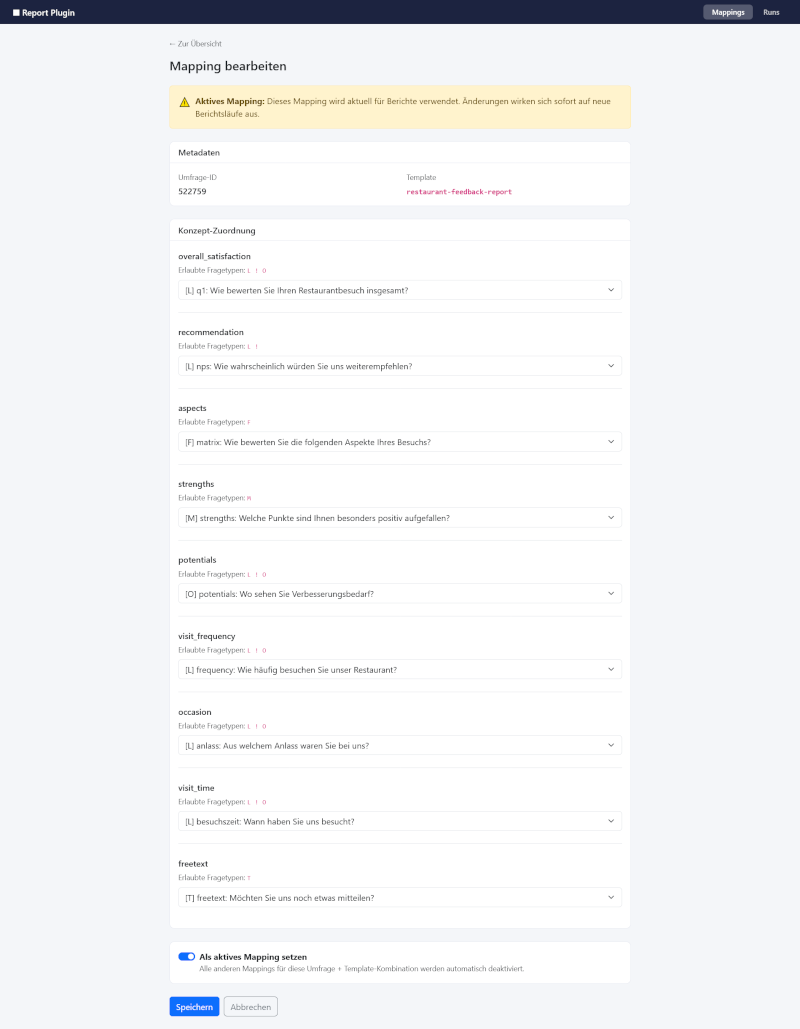 Mapping-Oberfläche – neun Konzept-Slots mit zugeordneten Fragen aus der Restaurant-Feedback-Umfrage